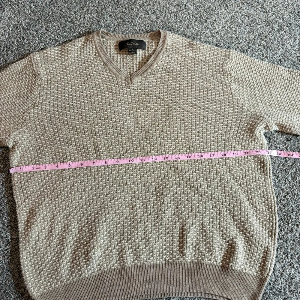 Tasso Elba Sweater Mens‎ Medium Tan Textured V-Neck 100% Cotton Pullover Knit